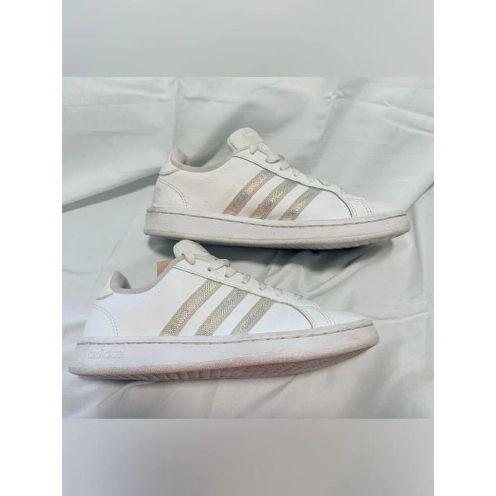 Adidas White Low-Top Sneakers with Iridescent Stripes -Size 6